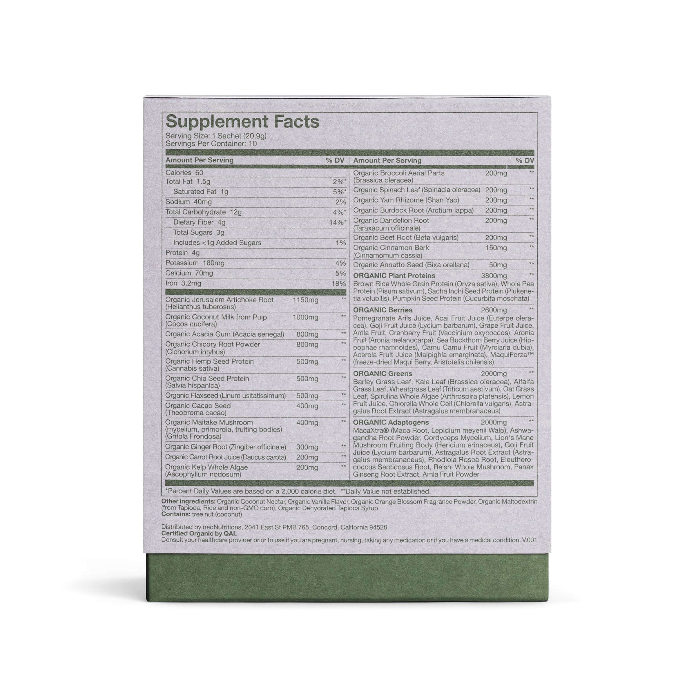 Supplement facts for neoNutritions® Ultimate Foundation, the best organic superfood powder for energy.